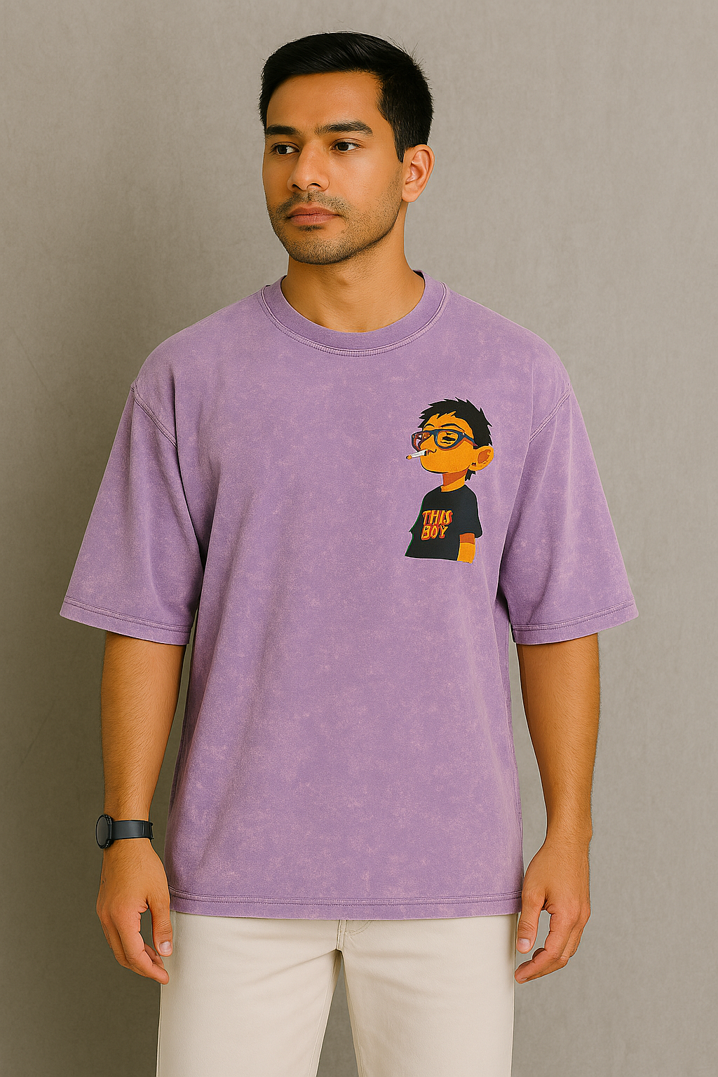 Dorzo- Printed Acid Wash T shirt (Lavender)