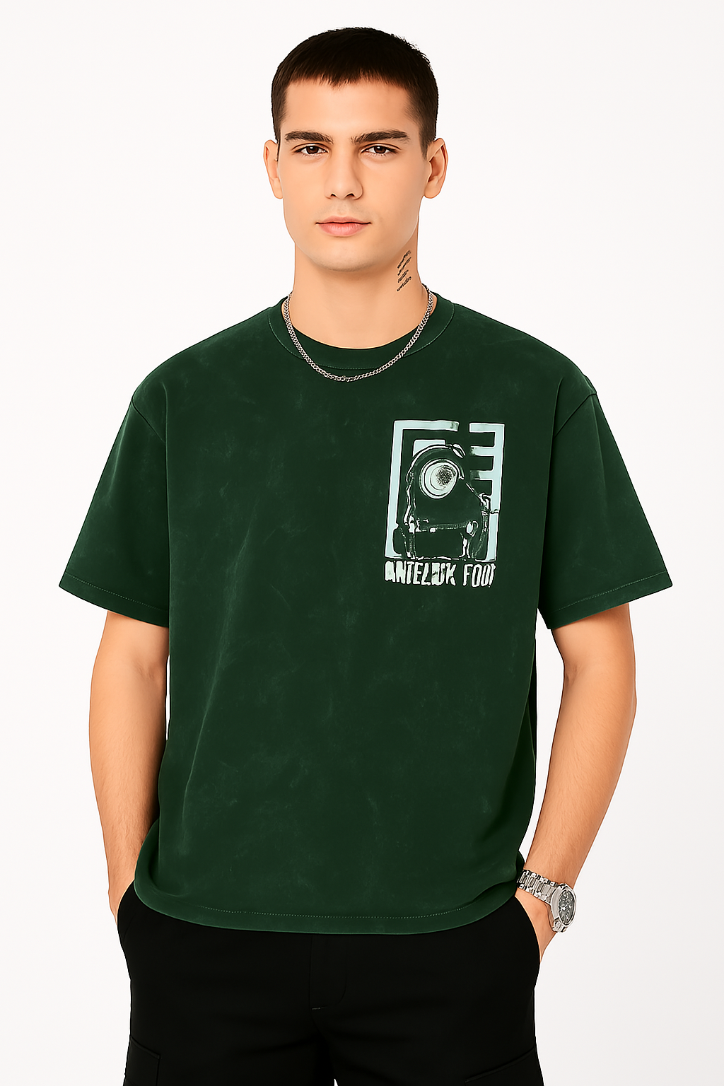 Dorzo- Printed Acid Wash T shirt ( Bottle Green)