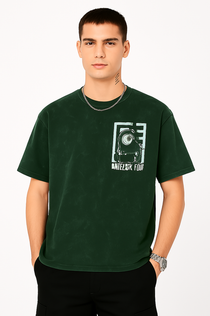 Dorzo- Printed Acid Wash T shirt ( Bottle Green)